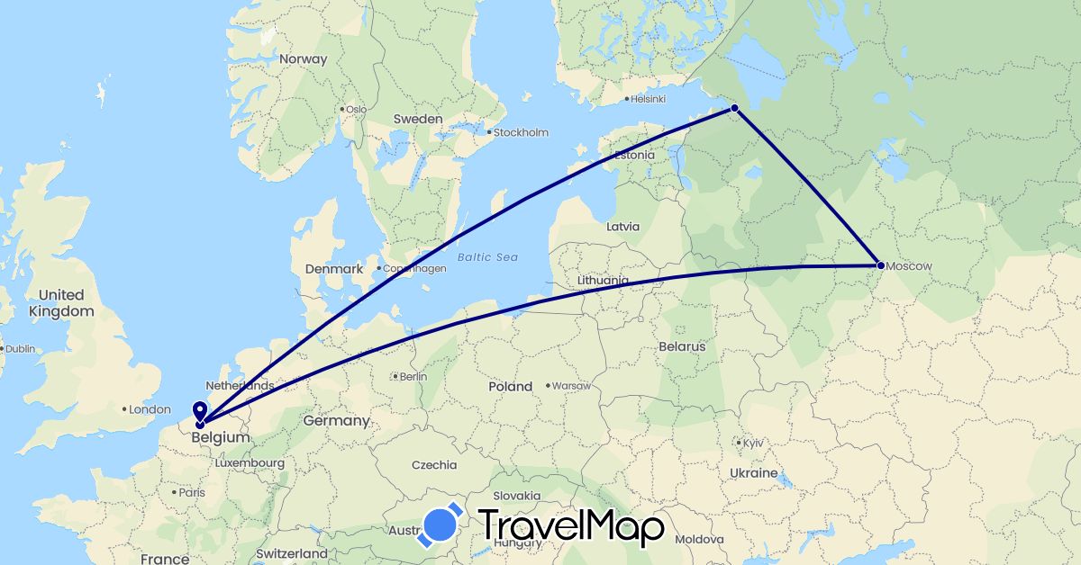 TravelMap itinerary: driving in Belgium, Russia (Europe)